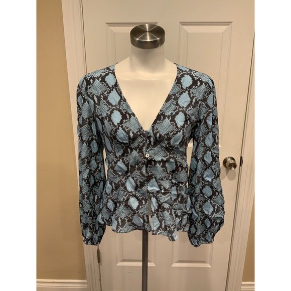 Rebecca Minkoff "Cindy" Blue Snakeskin Print V-Neck Top, Size Medium NWT $168 - Picture 1 of 7